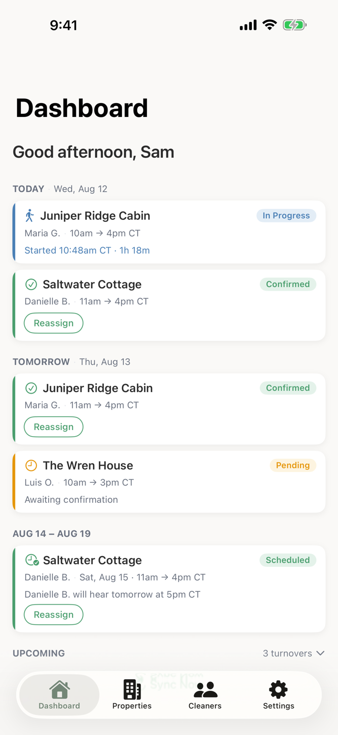 The NxtGuest host dashboard: today's cleanings, one in progress, everything else handled