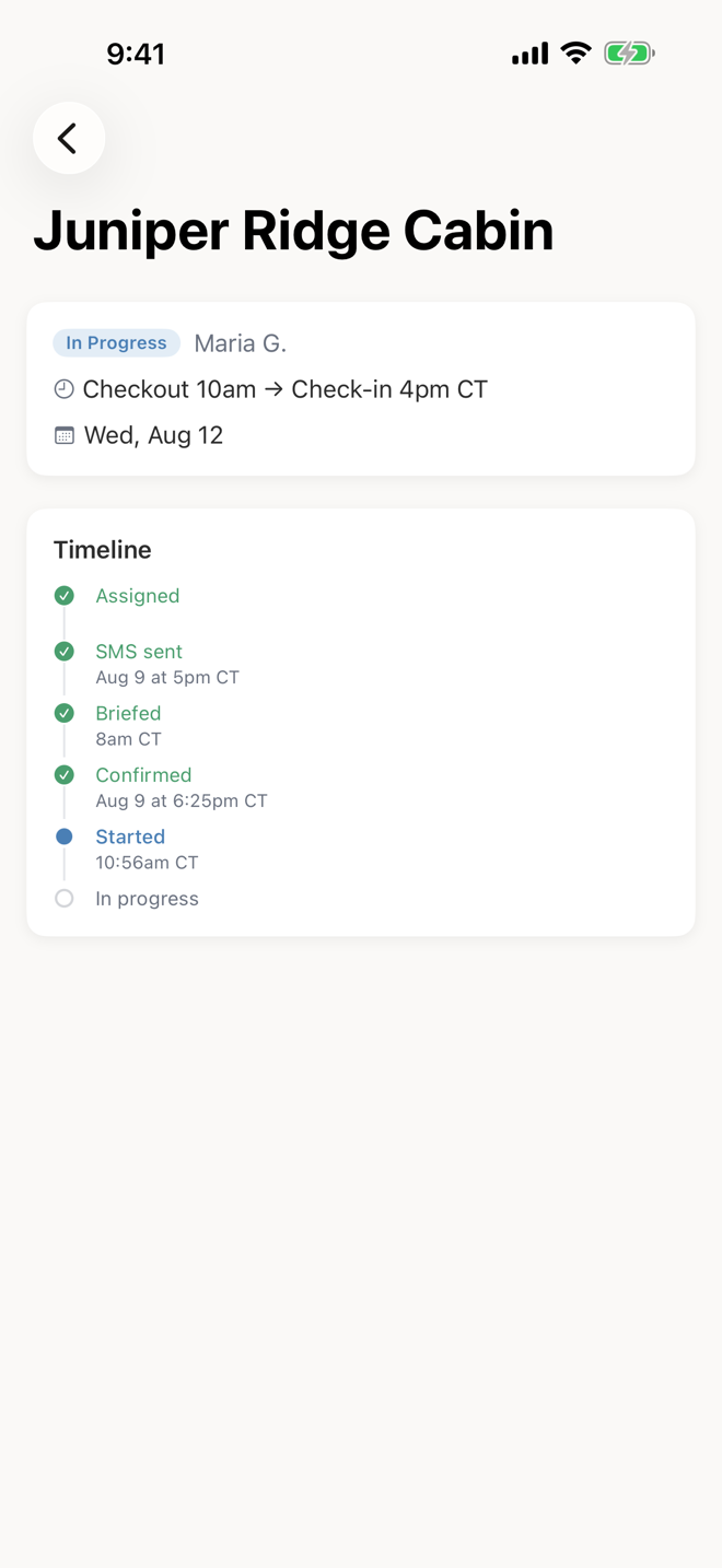 A cleaning's live timeline: assigned, SMS sent, confirmed, started, in progress