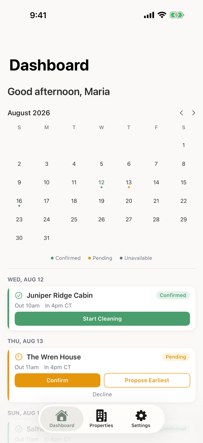 The cleaner's app: a calendar of jobs and a Start Cleaning button