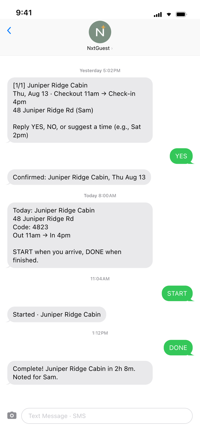 The cleaner's text thread: assignment, YES, morning briefing, START, DONE, and the completion summary